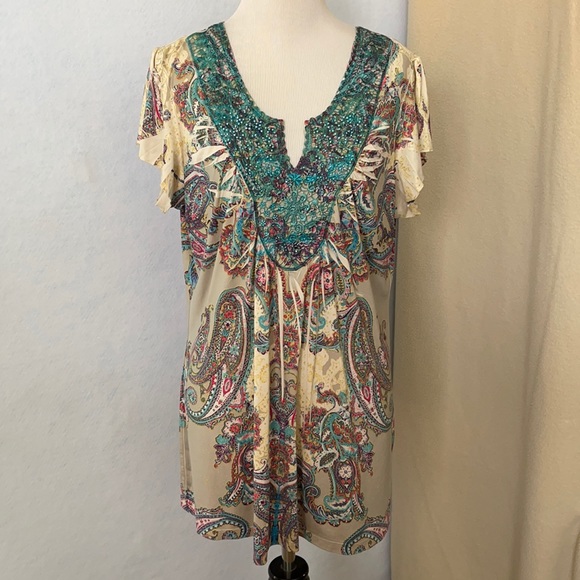 Covington Tops - Covington Teal Bling Paisley Print Blouse